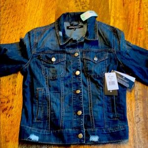 Medium, dark blue, stretch denim jacket.